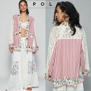 POL Lace Long Sleeve Striped Cardigan with Floral Patchwork Detail Medium NEW